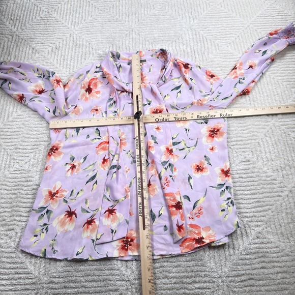 Pleione Floral Tie Neck Blouse Women's XL Purple Cottagecore Romantic Boho Chic - Picture 6 of 8